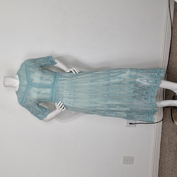 Mint Green Lace Overlay Coquette Cottagecore Embroidered Fairy Midi Dress Size M - Picture 3 of 13